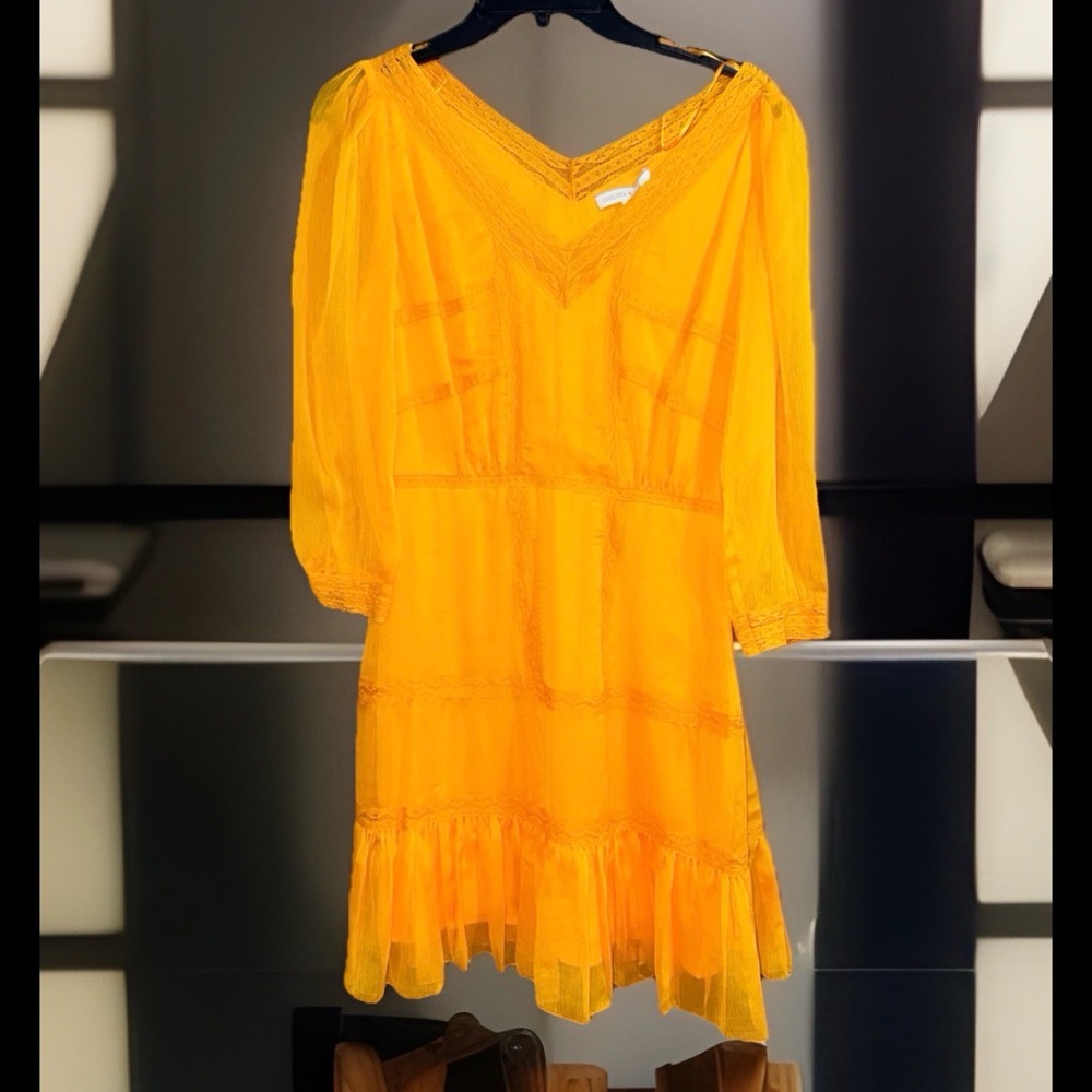 NWT Women’s Chelsea & Violet Marbella Lush Gold 3/4 Sleeve Mini Dress-M